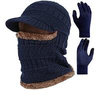T WILKER 2 Unids Invierno Knit Beanie Pasamontañas Sombrero Antideslizante Pantalla Táctil Manoplas Set Térmica Máscara Cap Unisex para Mujeres Hombres, Azul/Patchwork, talla única
