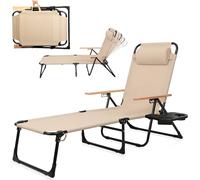 T-ZBDZ Tumbona plegable con 4 respaldos ajustables, tumbona de jardín, tumbona ligera de playa, incluye almohada y soporte para bebidas, hasta 150 kg, para balcón, jardín, piscina, terraza, color