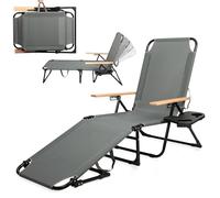 T-ZBDZ Tumbona plegable con 4 respaldos ajustables, tumbona de jardín, tumbona ligera de playa, incluye almohada y soporte para bebidas, hasta 150 kg, para balcón, jardín, piscina, terraza, color gris