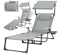 T-ZBDZ Tumbona plegable con techo, 4 posiciones, fácil de ajustar, tumbona de jardín, tumbona de playa con almohada, soporte para bebidas, hasta 150 kg, para jardín, playa, piscina, terraza, color