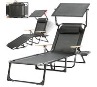 T-ZBDZ Tumbona plegable con techo - ligera tumbona de jardín 4 posiciones, respaldo ajustable, tumbona de playa, incluye cojín soporte para bebidas, hasta 150 kg, para jardín, terraza, playa, piscina