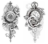 T066 73 - Tatuaje de rosa y reloj temporal, 2 hojas, tatuaje de flores, tatuaje falso, rosas, tatuaje adhesivo