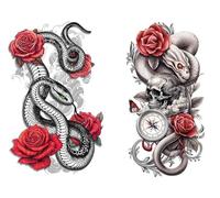 T122 123 - Tatuaje temporal de serpiente con rosas, 2 hojas, tatuaje de calavera, tatuaje de brazo, T122