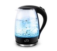T24 Hervidor de agua de cristal de 1,7 L, 2200 W, iluminación LED, 100% libre de BPA, vidrio de borosilicato grueso, protección contra marcha en seco, base de acero inoxidable 360°, certificado TÜV
