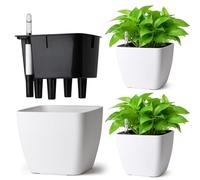 T4u Set de 3 Macetas de Autorriego 13 cm Cuadradas con Indicador de Agua, Maceta Autorriego para Principiantes y Ocupados, Maceteros Interior, para Pothos y Monstera, Uso Interior y Exterior (Blanco)