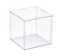 TA-VIGOR Caja expositora acrílica transparente, 20 x 20 x 20 cm, caja de almacenamiento organizadora, soporte a prueba de polvo, escaparate con base blanca para almacenamiento de objetos