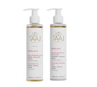 TAAJ Dúo Doble Limpieza: Aceite Limpiador & Leche Micelar (200ml + 200ml) | Desmaquilla, Disuelve y Calma | Rosa Mosqueta, Ricino, Aloe Vera | Set Facial Vegano, Cruelty Free, Made in France