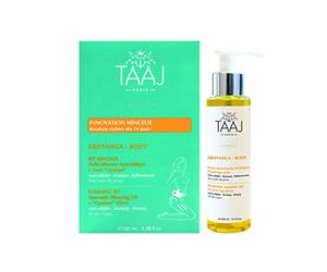 TAAJ | KIT ADELGAZANTE Aceite Adelgazante Ayurvédico + Guante Garshan | Drena y reafirma la piel | Reduce la apariencia visible de la celulitis | 97% ingredientes de origen natural | Vegano | 100ml