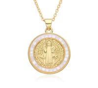 Tabai Medalla de San Benito - Collar católico con colgante de San Benito hecho a mano con concha blanca natural, cadena dorada para bendiciones