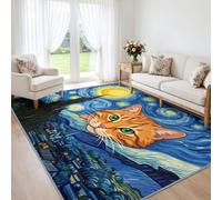 Tabby - Alfombra antideslizante con diseño de gato y cielo estrellado, de pelo bajo, suave, lavable, arte impresionista, divertido tapete clásico para sala de estar, dormitorio, comedor y oficina