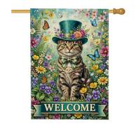 Tabby Cat - Bandera floral de bienvenida para casa de primavera, 71 x 101 | Gato atigrado, bandera de patio, flores silvestres, mariposas, arte fantástico, letrero de bienvenida