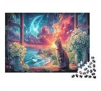 Tabby Cat Relojes Puesta del Sol por la Ventana Puzzle 1000 Piezas - Mascotas Rompecabezas, Regalo, Juego Familiar, Decoración del Hogar, Adultos 52x38cm/1000pcs