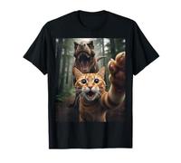 Tabby Cat Selfie Escape from Dinosaur Funny for Teens Adults Camiseta