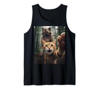 Tabby Cat Selfie Escape from Dinosaur Funny for Teens Adults Camiseta sin Mangas