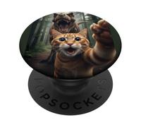 Tabby Cat Selfie Escape from Dinosaur Funny for Teens Adults PopSockets PopGrip Adhesivo