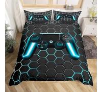 Tabeskly Infantil Juvenil Hexágono Geometría Juegos Jugador Funda Nordica Cama Saco Nordico con Cremallera Negro Azul135×200cm