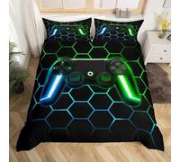 Tabeskly Infantil Juvenil Hexágono Geometría Juegos Jugador Funda Nordica Cama Saco Nordico con Cremallera Negro Verde 200×200cm