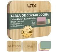 Tabla Cortar Cocina Bambú Madera Doble Cara Antibacteriana Higiénica Con 3 Alfombrillas Intercambiables PP Sin BPA Flexibles Antideslizantes Para Pan Carne Pescado Verduras Quesos Multifuncional LITA