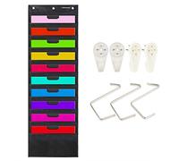 Tabla de almacenamiento con bolsillos, carpeta organizadora de archivos para colgar en la pared con 10 bolsillos grandes para oficina, hogar,escuela,estudio,etc.36x119cm, Negro,3 perchas y 4 ganchos