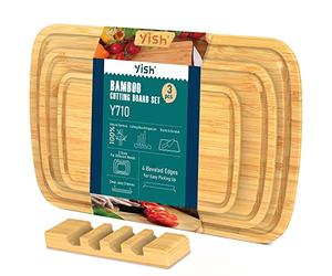 Tabla de Cortar Cocina Bambu: YISH Multifuncional Wooden Chopping Board Set Tabla Cortar de Bambú de Madera Antibacteriana Profesional con Soporte -juego de 3 piezas- 25x16cm & 33x20cm & 38x25cm