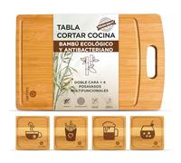 Tabla de Cortar Cocina Reversible y Multifuncional de Bambu Natural con 4 Posavasos de Uso Múltiple, 100 % Biodegradable y Sin Plástico - Antideslizante y Ecológica - CALLURIC