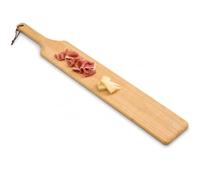 Tabla de cortar de bambú de 75 cm de largo | Tabla de cortar madera peritiva, tabla de embutidos y quesos, charcuterie Board, bandeja para servir | Anillo de metal y cordón piel | 75 x 14 x 1,8 cm