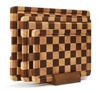 Tabla de Cortar de Madera a Cuadros, Juego de 3 Tablas de Cortar con Soporte, Diseño Tipo Tablero de Ajedrez, con Canal para Jugo y Asa, Ideal para Carne, Verduras, Queso y Servir