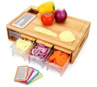 Tabla de cortar grande con recipientes, ranuras para jugo, tabla de cortar de bambú con 4 cajones de plástico, asas de fácil agarre y apertura deslizante para almacenamiento de alimentos