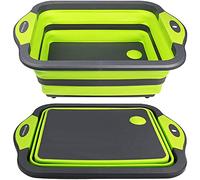 Tabla de cortar plegable - Tabla de cortar multifunción, escurridor de lavabo y cuenco de lavado, tapón de drenaje, tijeras de cocina, cesta de drenaje portátil para camping, picnic, barbacoa (verde)