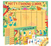 Tabla de entrenamiento para ir al baño para niños pequeños, diseño de dinosaurio con dibujos animados para niños, tabla de calcomanías, tabla de recompensas de 4 semanas, certificado, folleto de