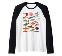 Tabla de especies de peces de agua dulce Guía de peces de río Acuario Camiseta Manga Raglan