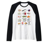Tabla de especies de peces de agua dulce Guía de peces de río Acuario Camiseta Manga Raglan
