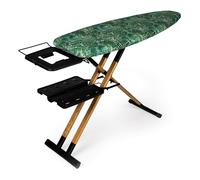 Tabla de Planchar GoldWoodVIP- 130x47 cm XXL, Madera Natural y Aluminio, Altura Regulable 98 cm, Estable, Ligera y Resistente, Ruedas, Soporte centro planchado + Bandeja para ropa, Fabricada en Europa