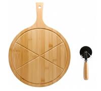 Tabla de servir y picar Pizza Madera de Bambú con asa, Plato de cortar y Cortador Metálico incluidos, práctico y profesional. Diámetro: 35cm, Grosor: 1,5cm Total con asa 48cm