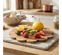Tabla decorativa de madera natural para servir con borde de flores festoneadas para cocina, comedor, uso adecuado para exhibición de frutas y pan de queso, en tamaños cuadrados redondos (redonda)