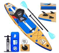 Tabla Sup Hinchable con Aspecto Madera 330x76x15 cm - Set Completo con Asiento de Kayak, Soporte para Cámara, Kickpad Integrado, Remo Doble Ajustable, 3 Aletas, Accesorios Incluidos, hasta 150 kg