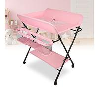Table a Langer plegable, cambiador plegable con cinturón de seguridad, cambiador ajustable en tres posiciones, 92/95/98 cm, diseño de jirafa linda. (Rosa)