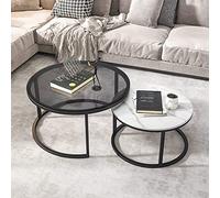 Table Basse gigogne Moderne pour Salon, Ensemble de 2 Tables Basses, Grand Plateau Rond en verre trempé et Ardoise, Petite Table d'appoint Ronde pour Salon, Tables gigognes empilab