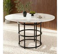 Table Ronde 100 cm - Plateau marbré MDF sur Pieds anneau métalliques Noirs, Parfaite Pour repas en famille ou Entre amis