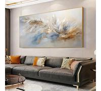 Tableau encadré sur toile, motif abstrait moderne de plumes, bleu beige, blanc or et gris, décoration pour salon 50x102cm(20x40in)