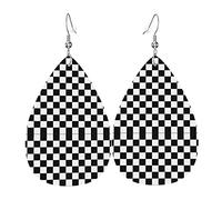 Tablero De Ajedrez Blanca Y Negro Mujer Pendientes Piel Sintética Aretes Colgantes Pendientes