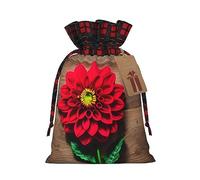 Tablero de madera Flor retro Estampado de dalia roja Bolsas de regalo navideñas Bolsas de regalo con cordón, regalos y obsequios de fiesta de Navidad, pequeño, negro