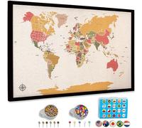 Tablero de pines de mapa del mundo grande de 30 x 20 pulgadas enmarcado | Mapa de pared de corcho de colores con banderas de país, pines metálicos y de colores | Mapa de viaje mundial con pines |
