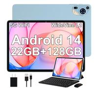 Tablet 10 Pulgadas Android 14 con 22 GB RAM + 128 GB ROM (Ampliable a 1TB), Widevine L1 Tablets, 5G Wi-Fi, GPS, 8000 mAh, 8 Cores 2.0 GHz, 5MP + 8MP, FHD Tablet con Teclado + Ratón + Funda,Azul Cielo
