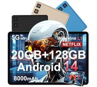 Tablet 11 Pulgadas Android 14 con 8000 mAh + Carga Rápida 18W, 13MP + 5MP, 20GB RAM + 128GB ROM (Ampliable a 1TB), Tablets con Widevine L1, 5G Wi-Fi, GPS, 8 Cores 2.0 GHz, Face ID, Bluetooth 5.0, Nero
