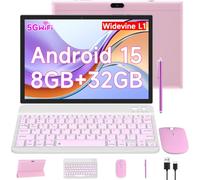Tablet Android 15 10" 2 en 1 con teclado/ratón/estuche/lápiz, 8GB de RAM + 32GB ROM/1TB ampliable, procesador quad-core 1.8GHz, pantalla táctil HD 1280x800, cámara 8MP, tableta