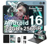 Tablet Android 16 2026 con teclado, tableta de 10 pulgadas con expansión de 24 GB+256 GB+2 TB, tablet Gemini AI con 8 núcleos, WiFi 5G, 8000 mAh, GMS, GPS, tableta 2 en 1 con funda, ratón, lápiz
