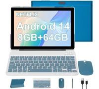 Tableta Android 14 de 10.1 pulgadas, tabletas 2 en 1 con teclado/ratón/funda/lápiz, 8 GB de RAM + 64 GB ROM (máximo 1 TB), procesador de cuatro núcleos de 1.8 GHz, pantalla táctil IPS HD de 1280 x