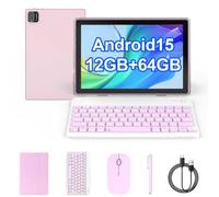 Tableta Android 15, tabletas 2 en 1 de 10 pulgadas con teclado y mouse, lápiz capacitivo de 12 GB + 64 GB + 1 TB de expansión, cámara de 8 MP, CPU de cuatro núcleos de 1.8 GHz, computadora de pantalla