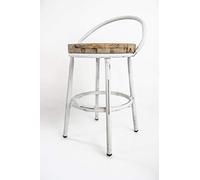 Taburete Bajo con Respaldo Metal y Madera TOM Blanco Vintage Sam, Asiento de Madera, 63x35cm. Incluye Imán Personalizable de Regalo.